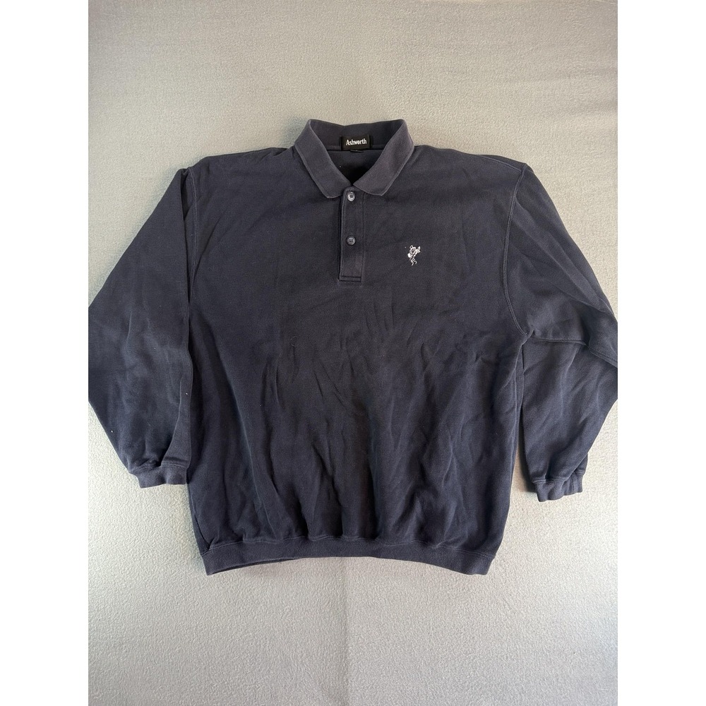 Ashworth Polo Shirt Mens L Blue Long Sleeve Banded Hem‎ Golf Knit Pullover